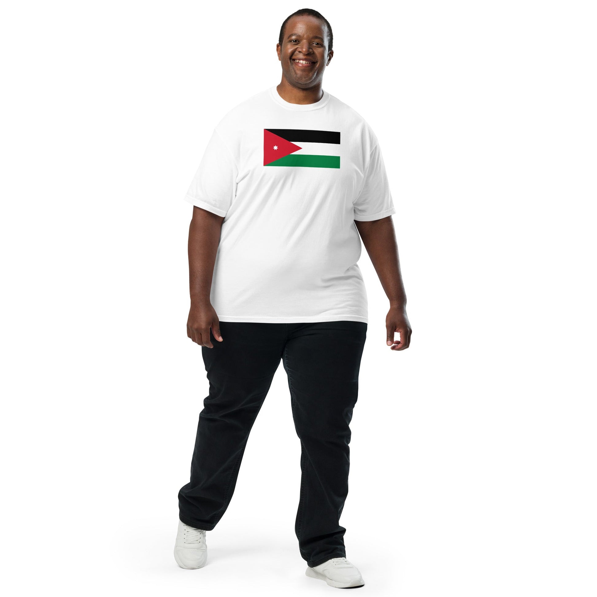 Stylish Jordan flag t-shirt laid flat, medium, true navy
