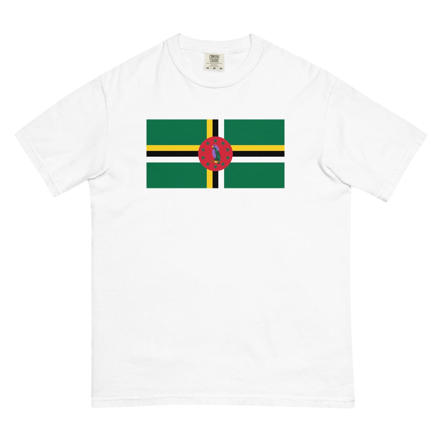 Stylish Dominica 1 flag t-shirt laid flat, 4X large, berry