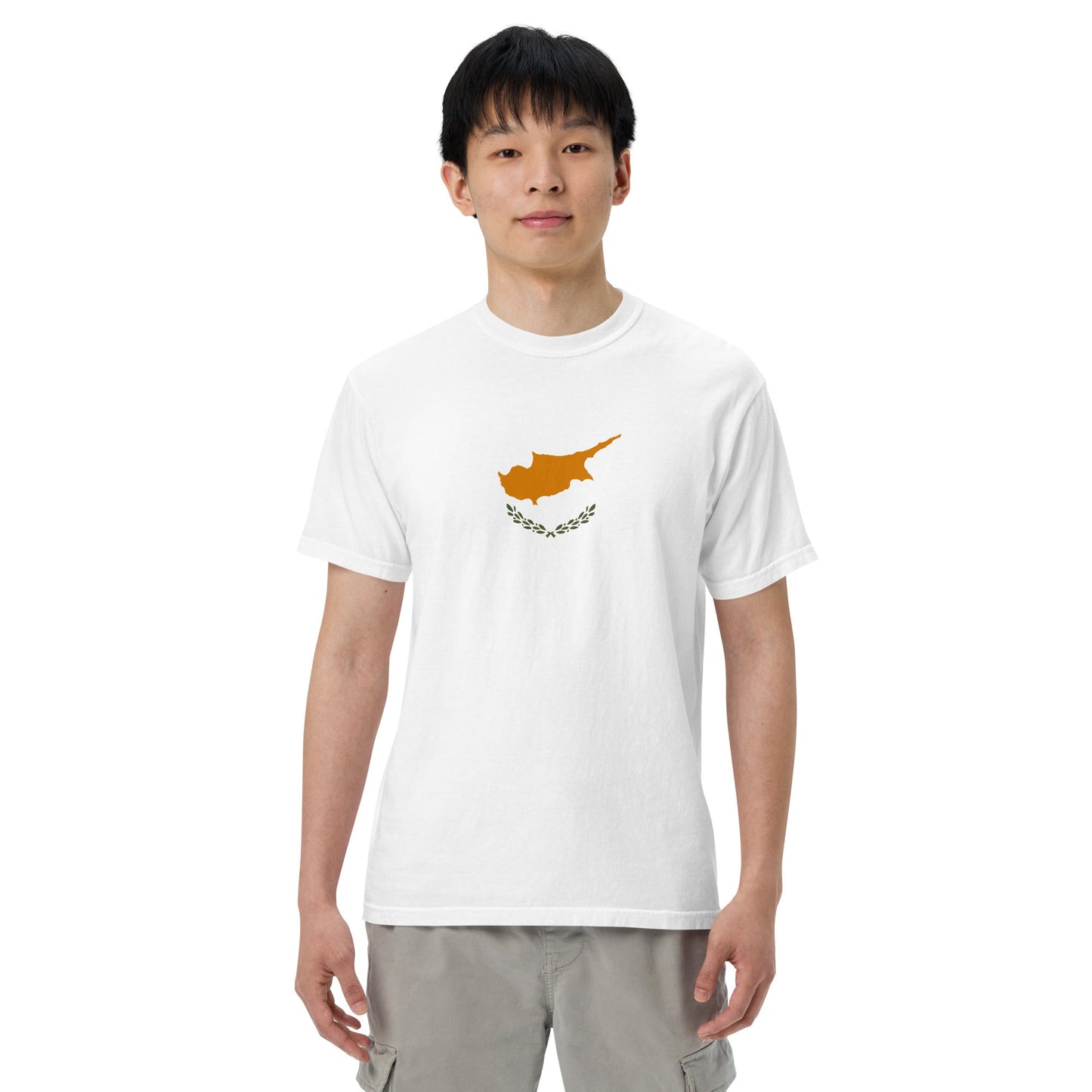 Flat lay of black Cyprus flag tee, medium size