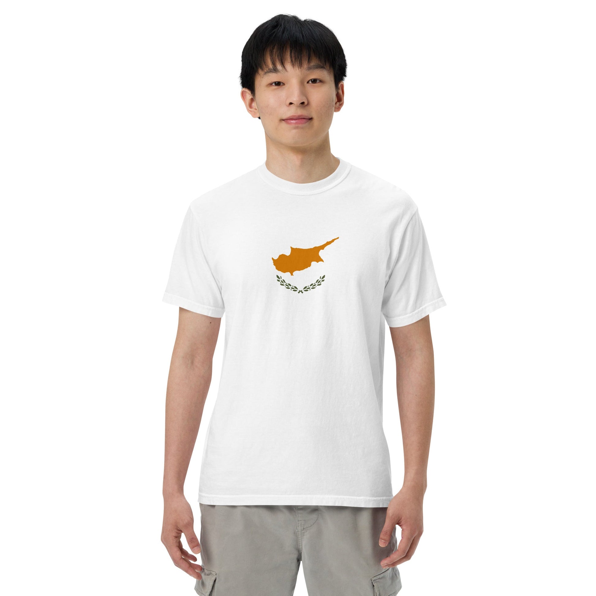 Flat lay of black Cyprus flag tee, medium size
