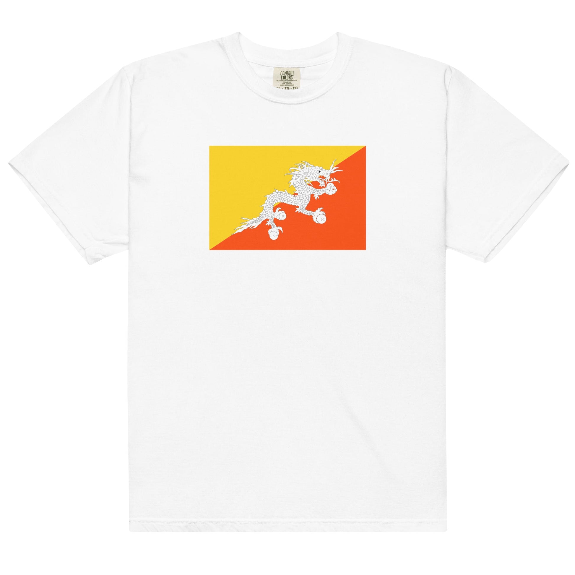 Stylish Bhutan flag t-shirt laid flat, large, grape