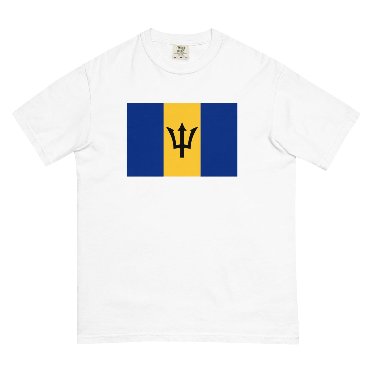 Stylish Barbados flag t-shirt laid flat, large, espresso