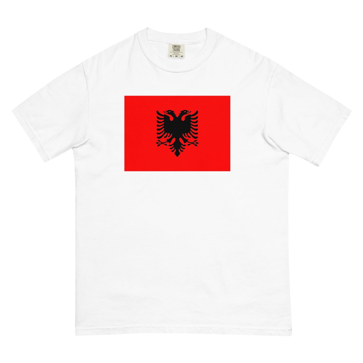 Flat lay of espresso Albania flag tee, extra large size