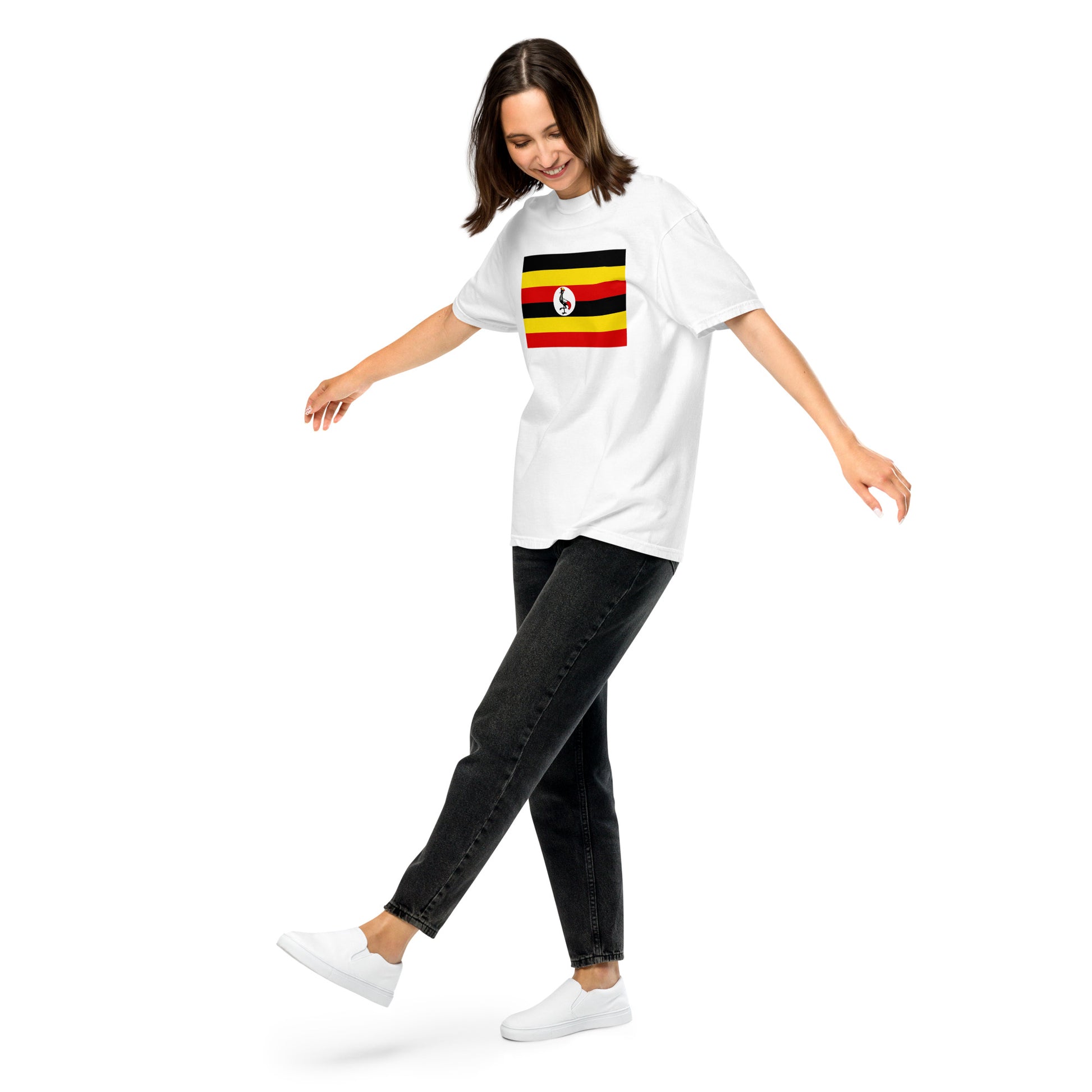 black shirt with Uganda flag design, extra large