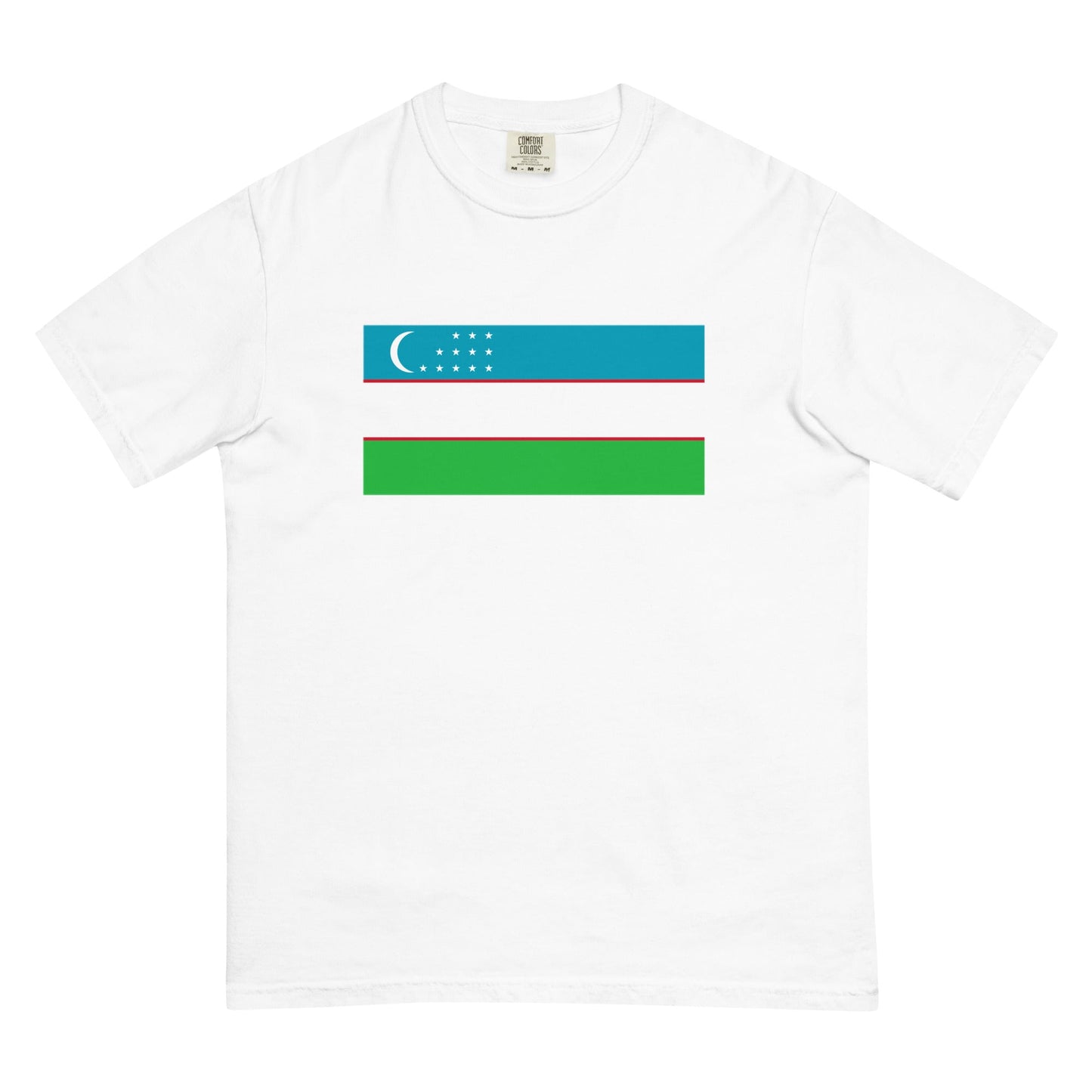 Flat lay of red Uzbekistan flag tee, large size