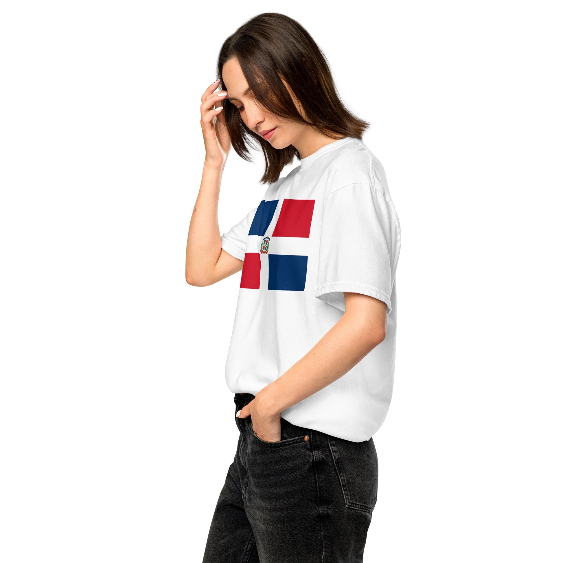 Stylish Dominican Republic flag t-shirt laid flat, extra large, true navy