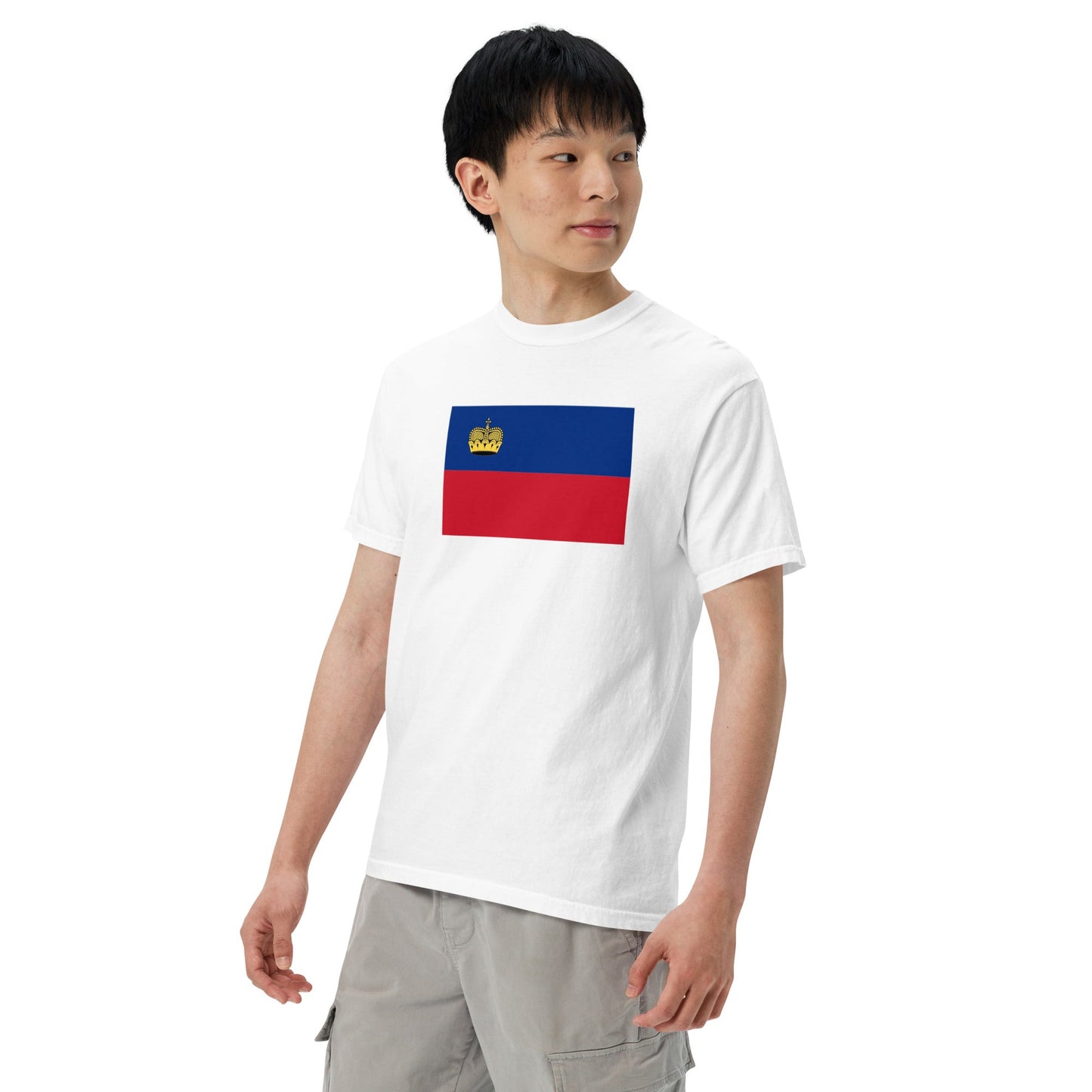 Stylish Liechtenstein flag t-shirt laid flat, small, brick