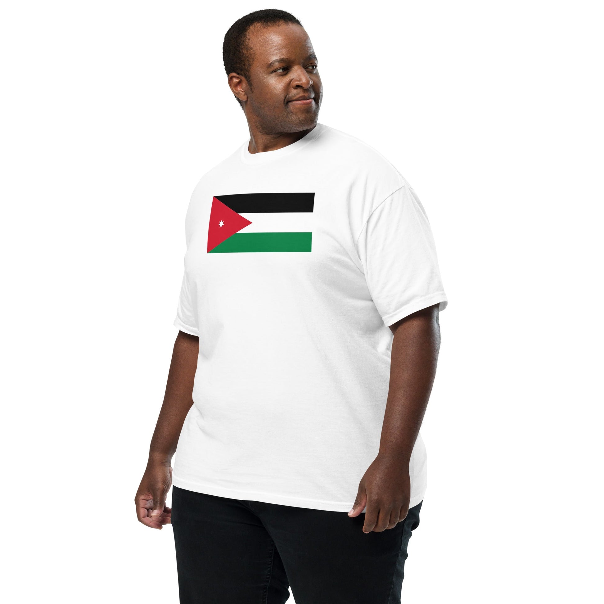 Stylish Jordan flag t-shirt laid flat, large, true navy