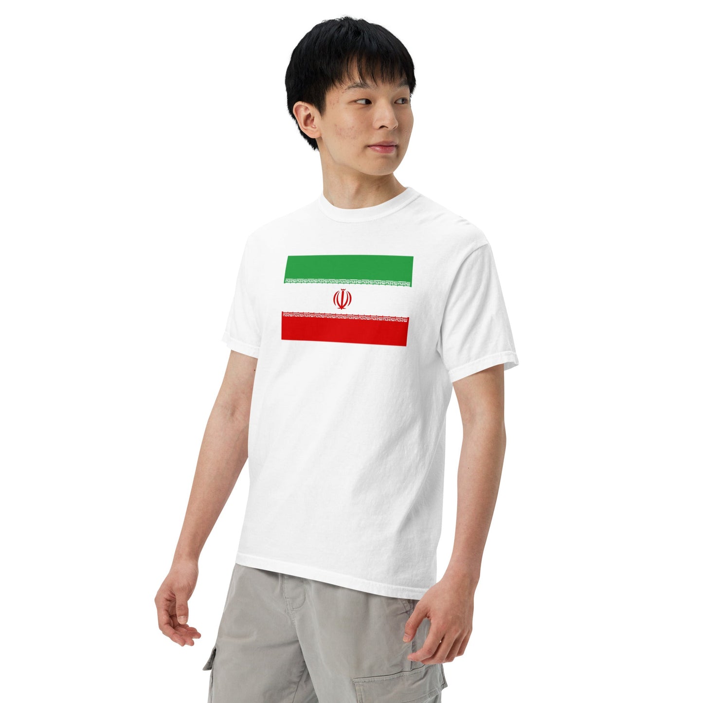 Stylish Iran flag t-shirt laid flat, 3X large, berry