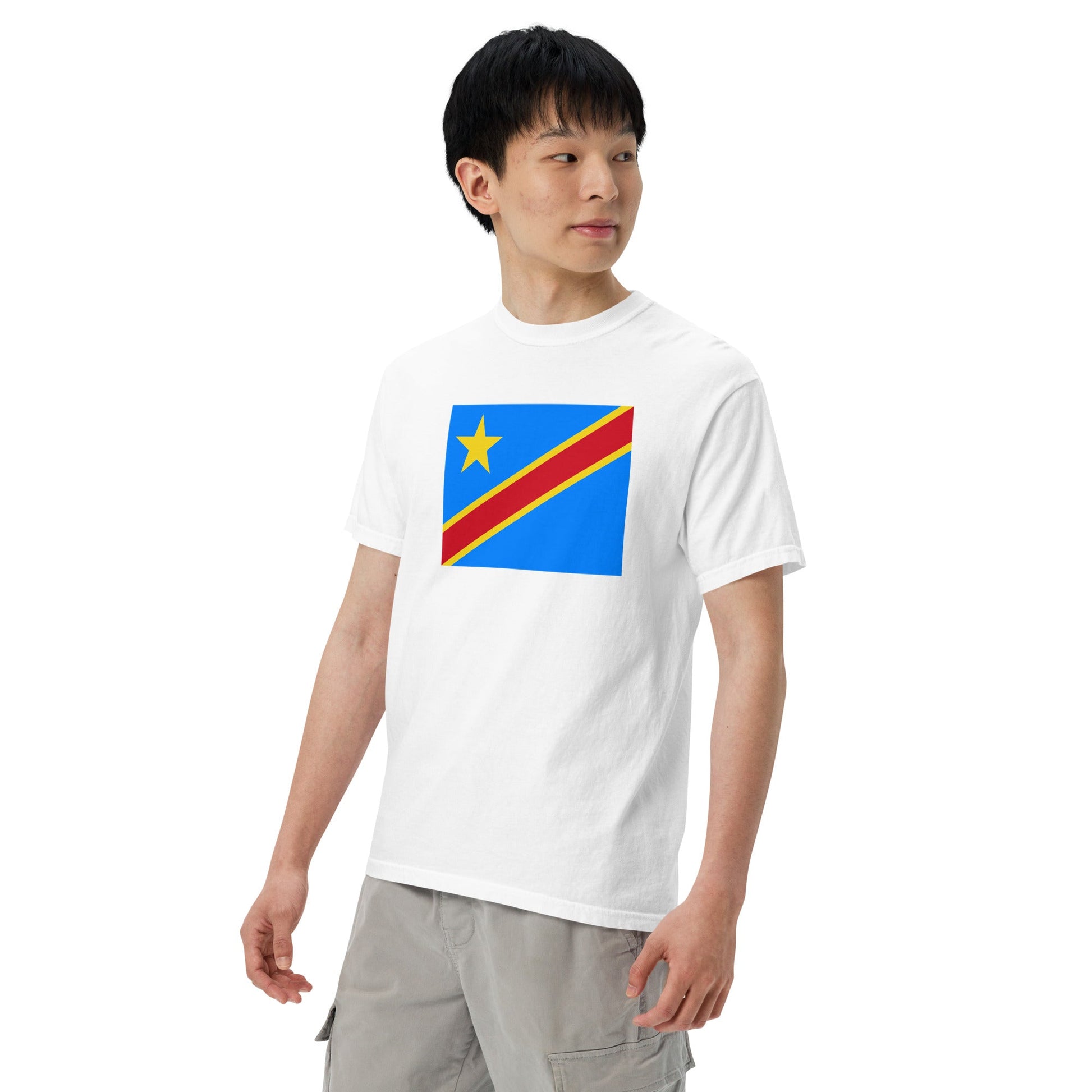 Flat lay of black Dominica flag tee, medium size