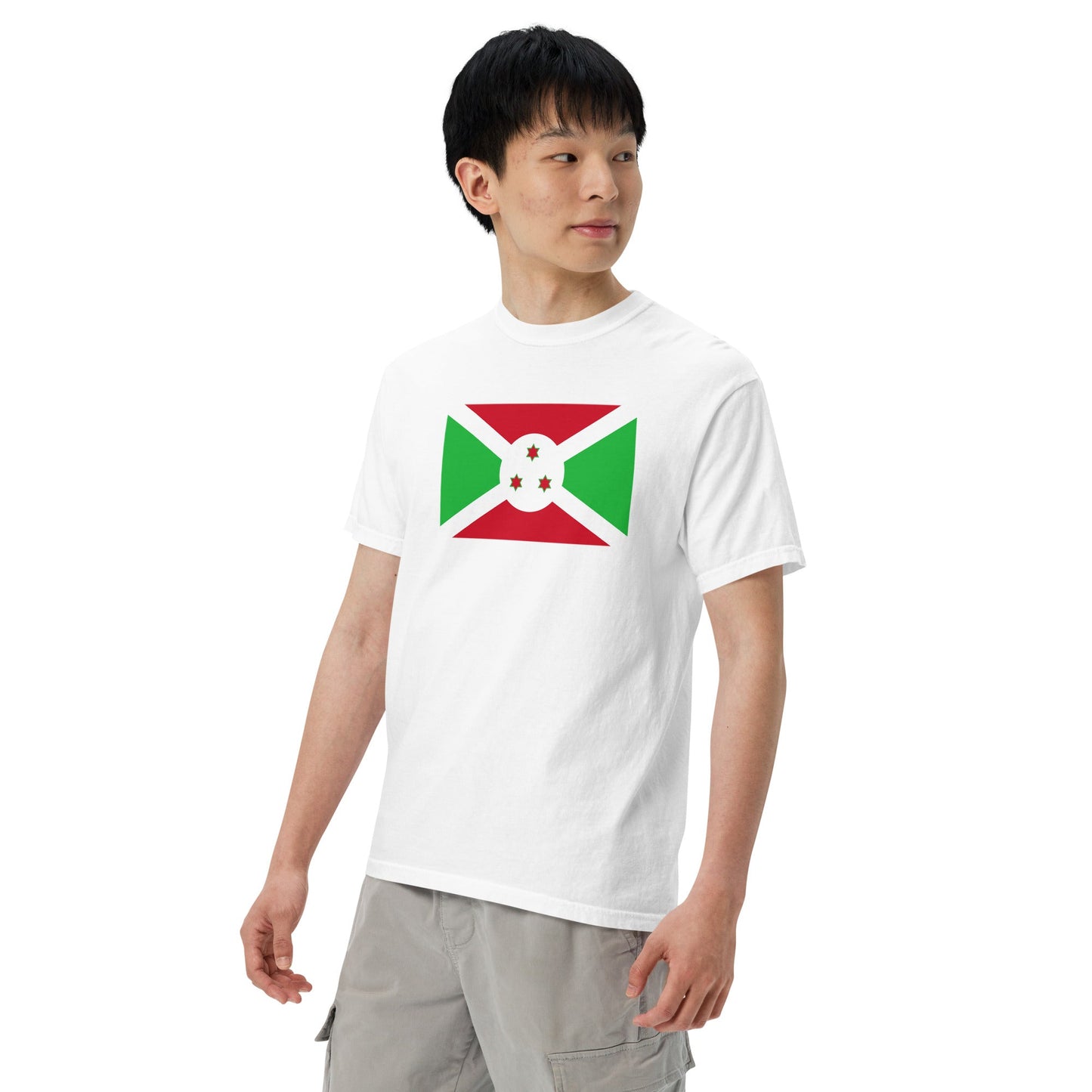 Stylish Burundi flag t-shirt laid flat, small, blue spruce