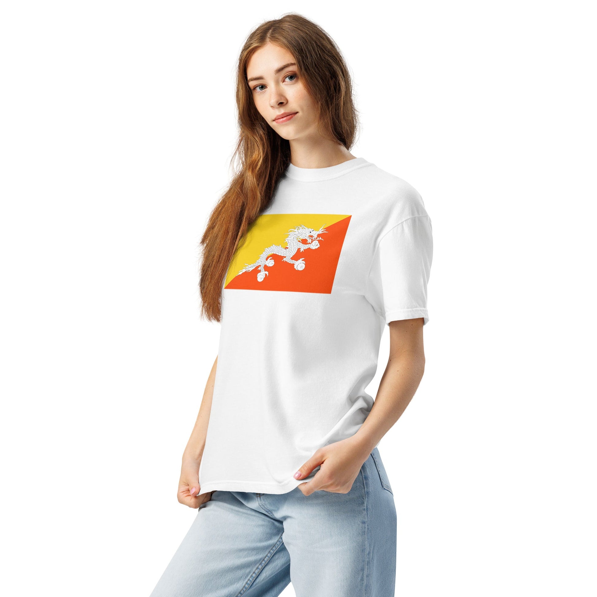 Flat lay of grape Bhutan flag tee, medium size