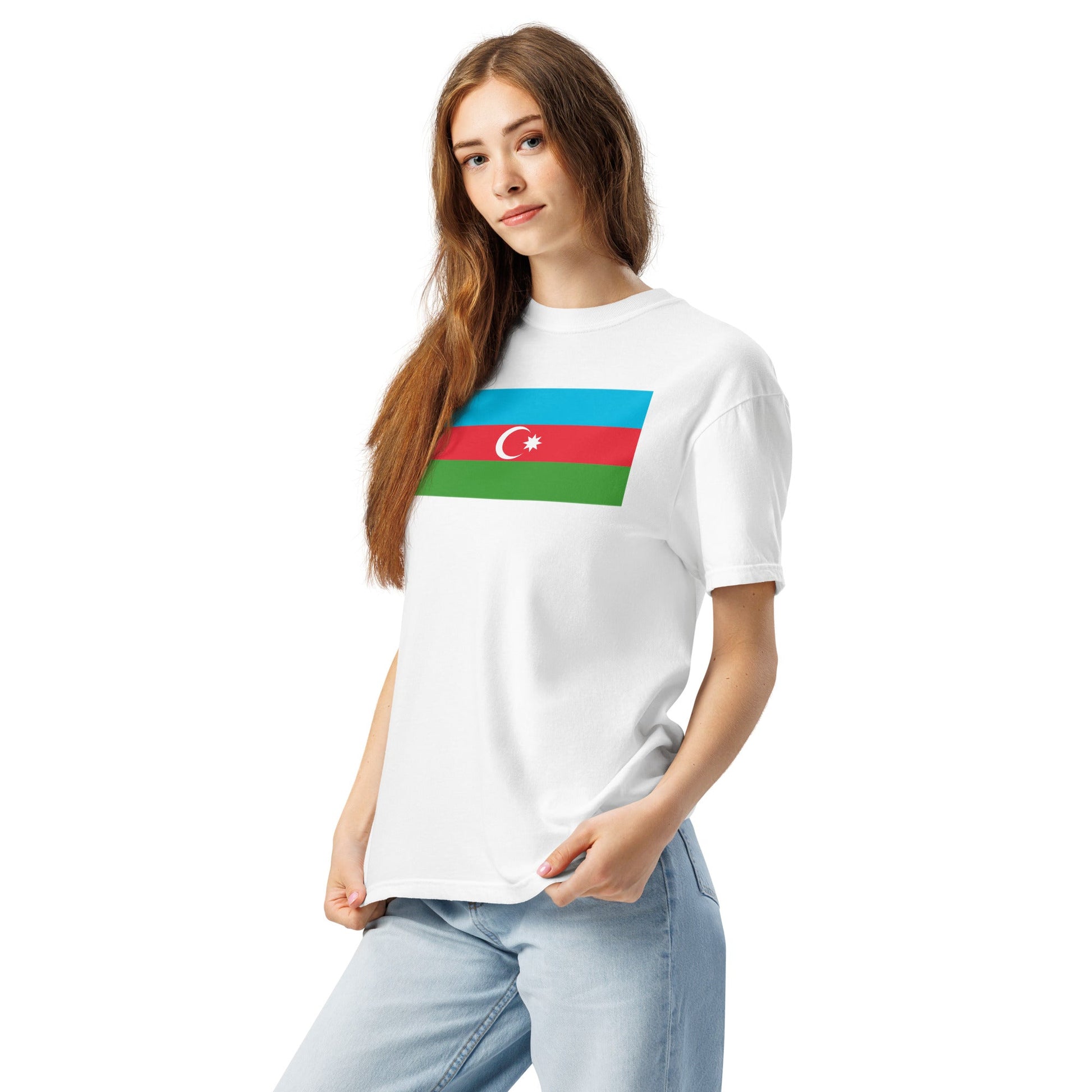 Flat lay of blue spruce Azerbaijan flag tee, 2X large size