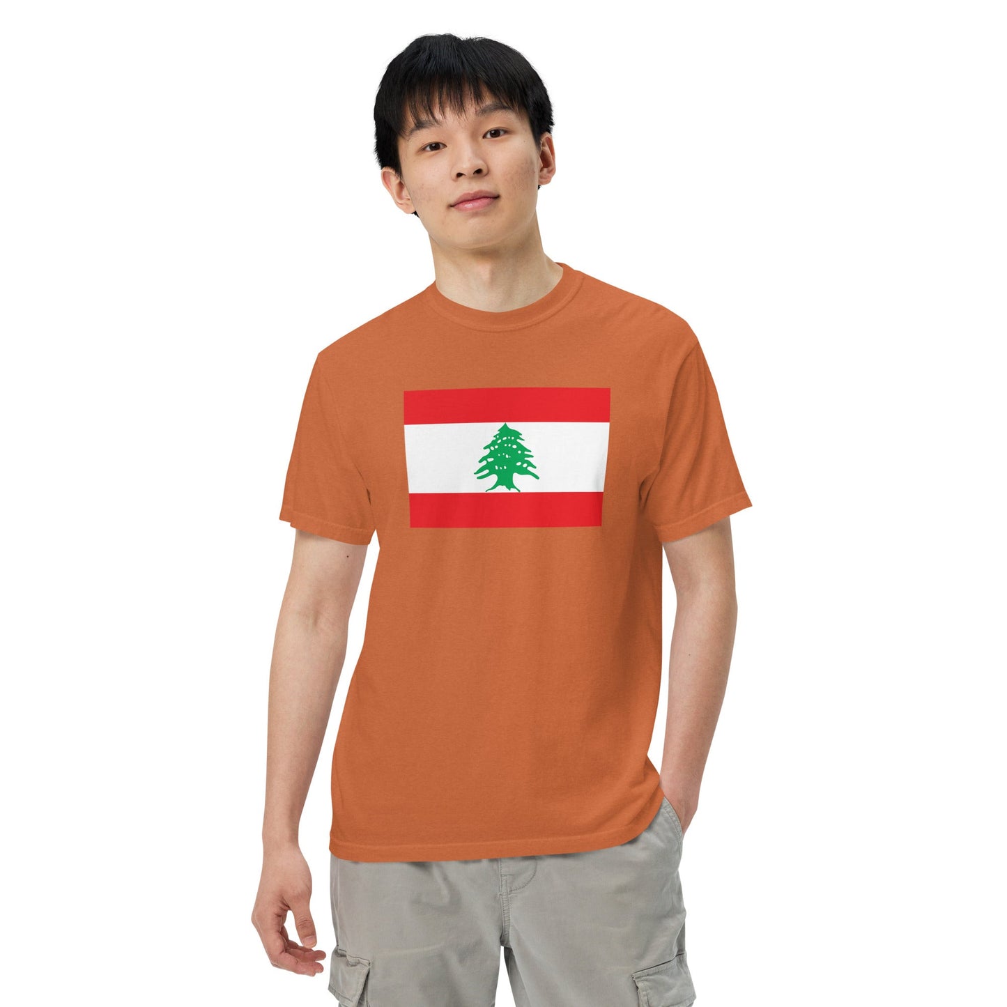 Stylish Lebanon flag t-shirt laid flat, large, true navy