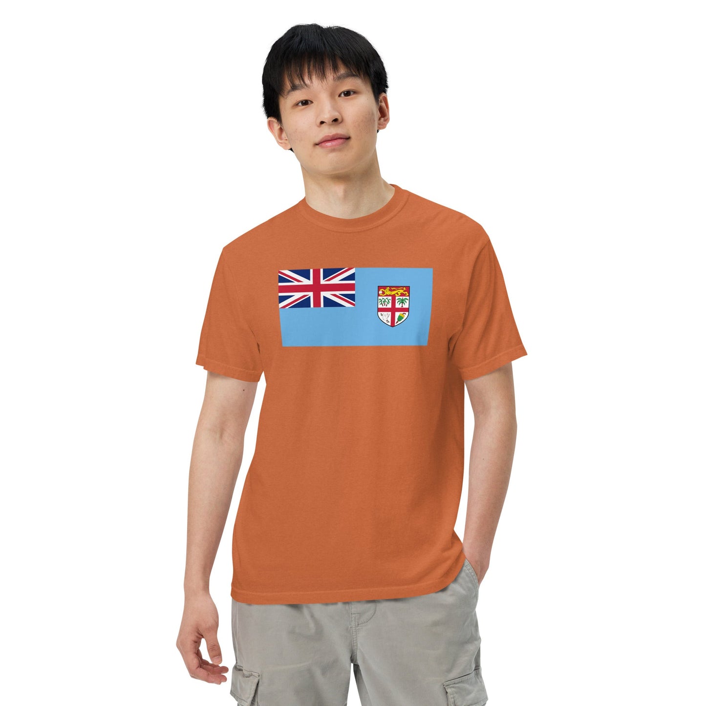 Flat lay of red Fiji flag tee, extra large size