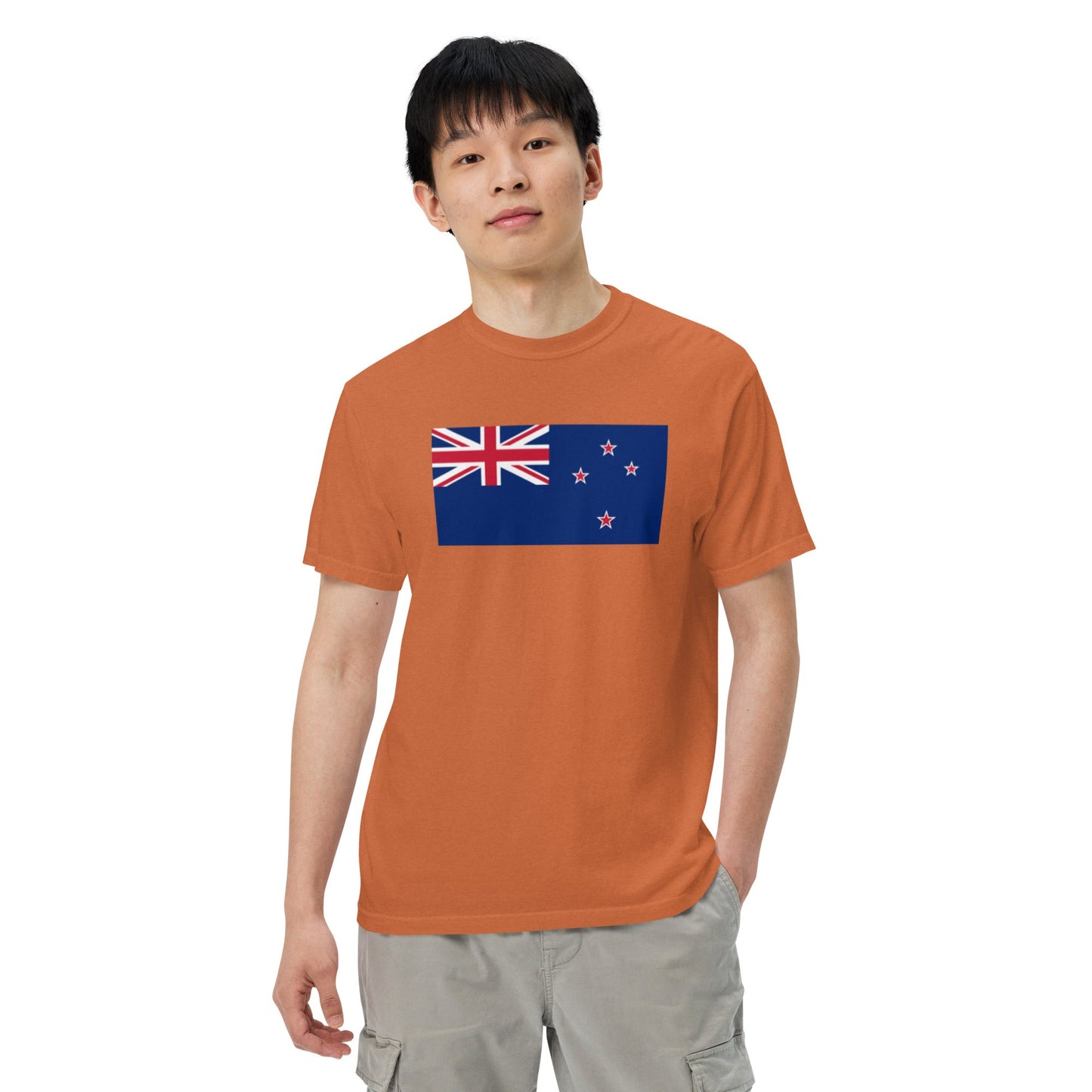 Stylish New Zealand 1 flag t-shirt laid flat, small, true navy