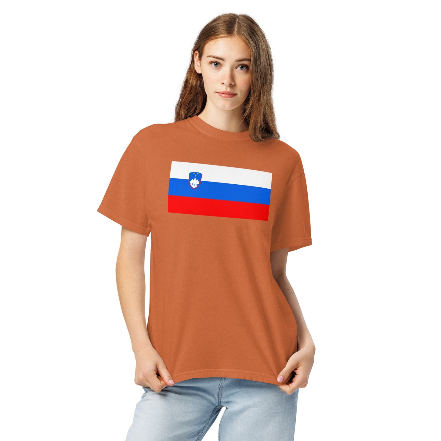 Stylish Slovenia flag t-shirt laid flat, extra large, brick