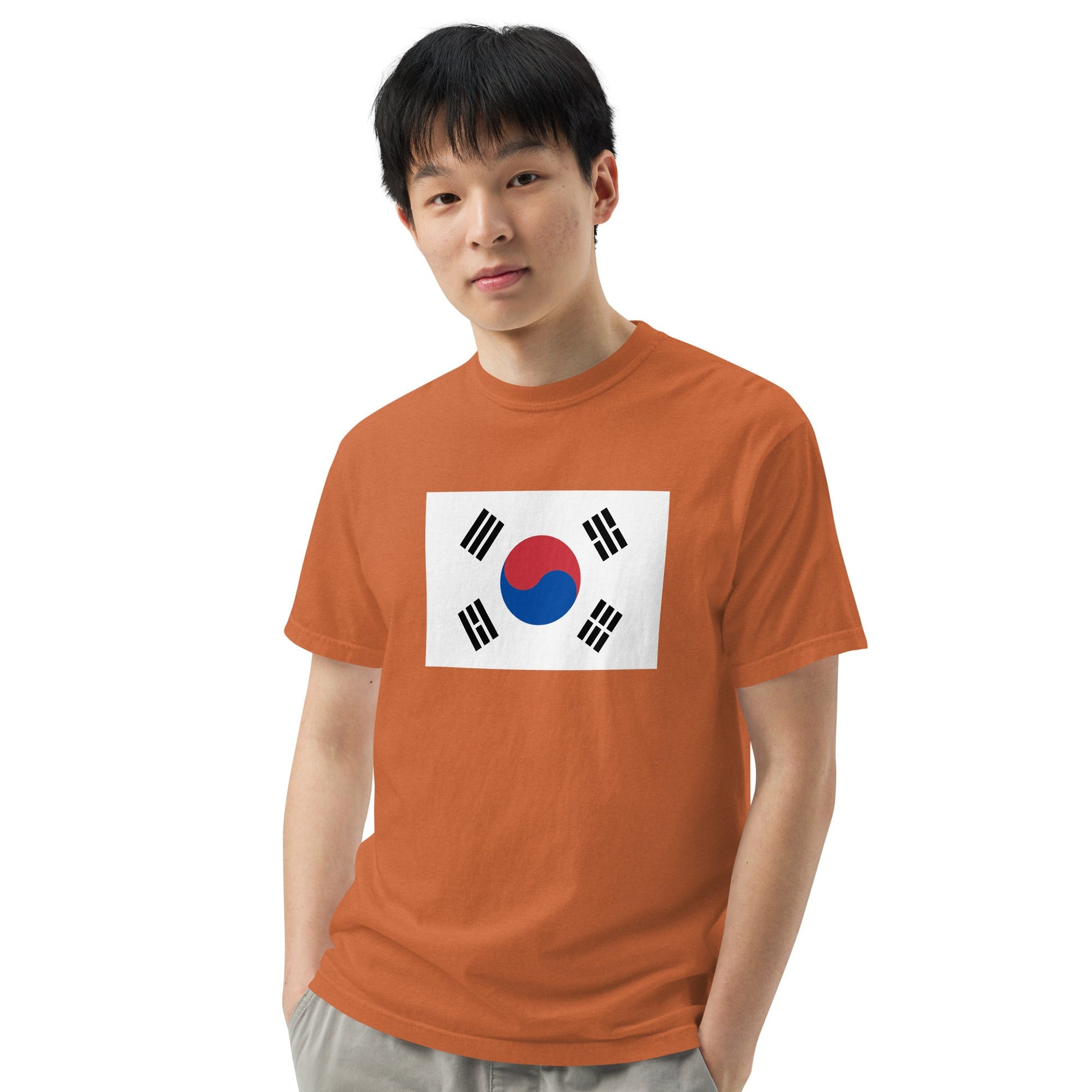 Stylish South Korea flag t-shirt laid flat, medium, blue spruce