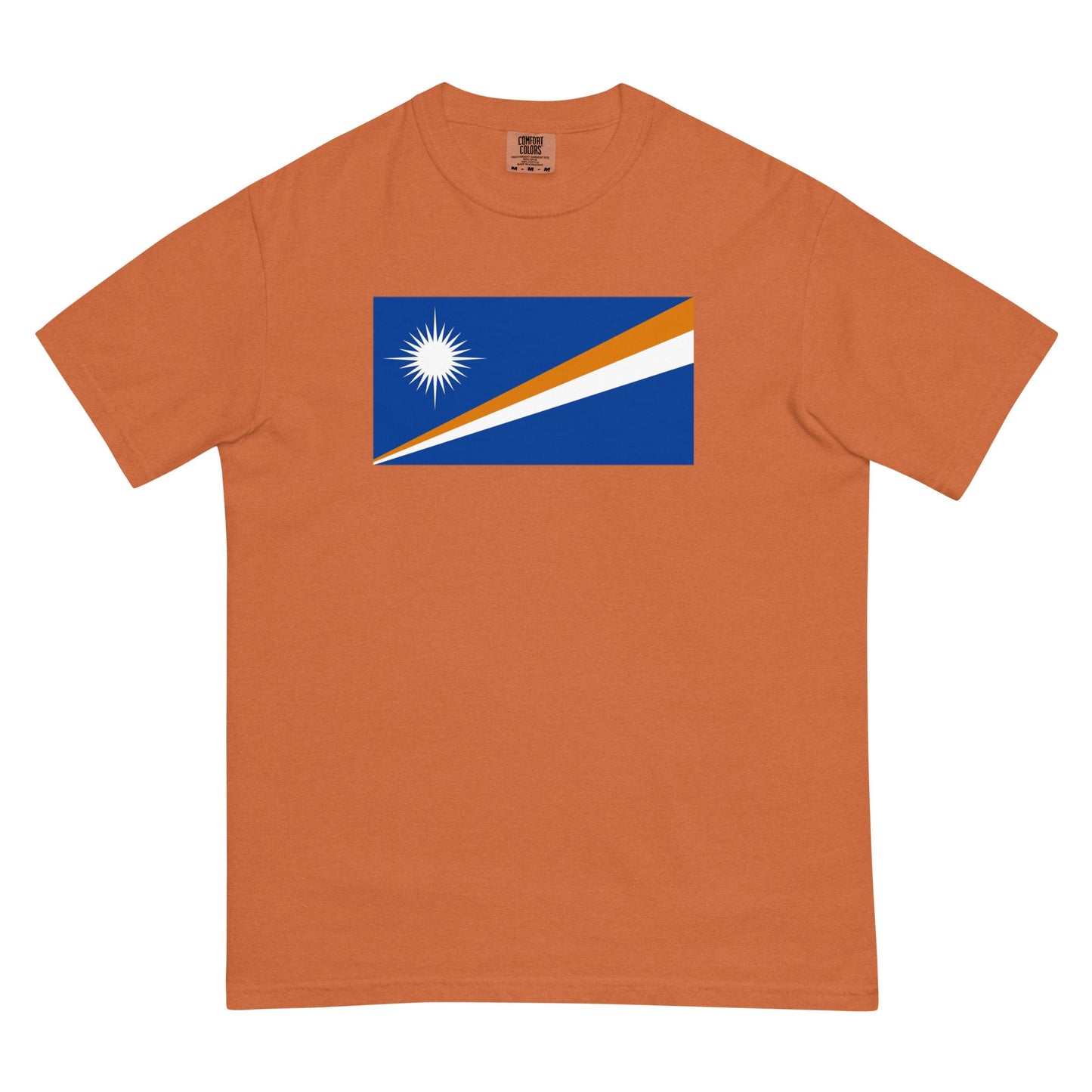 Stylish Marshall Islands flag t-shirt laid flat, extra large, true navy