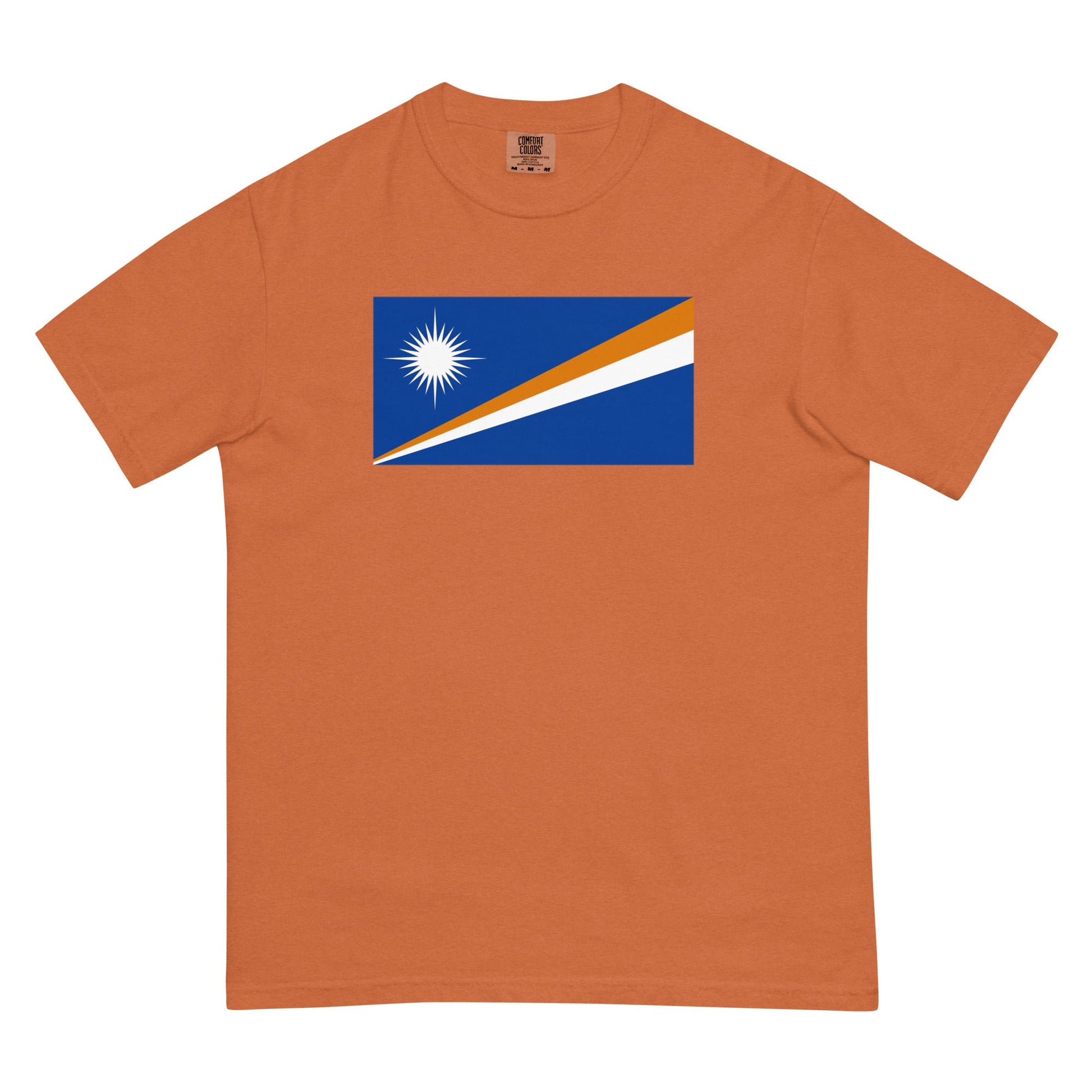 Stylish Marshall Islands flag t-shirt laid flat, extra large, true navy