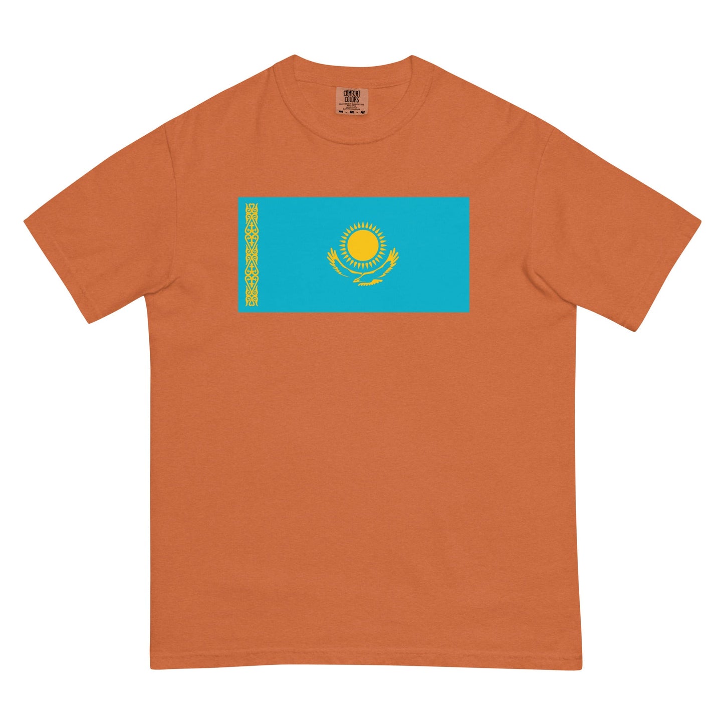 Flat lay of blue spruce Kazakhstan flag tee, extra large size