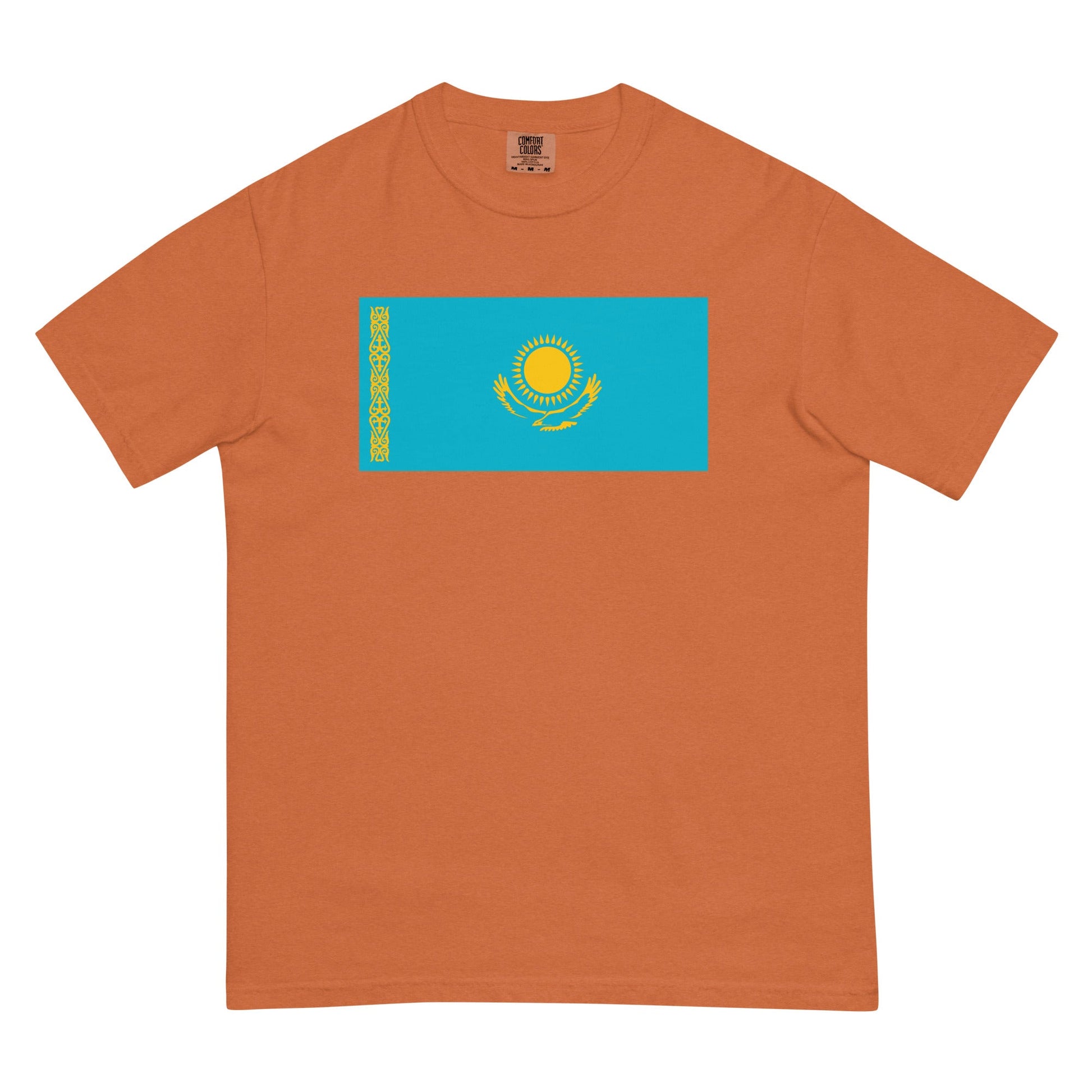 Flat lay of blue spruce Kazakhstan flag tee, extra large size