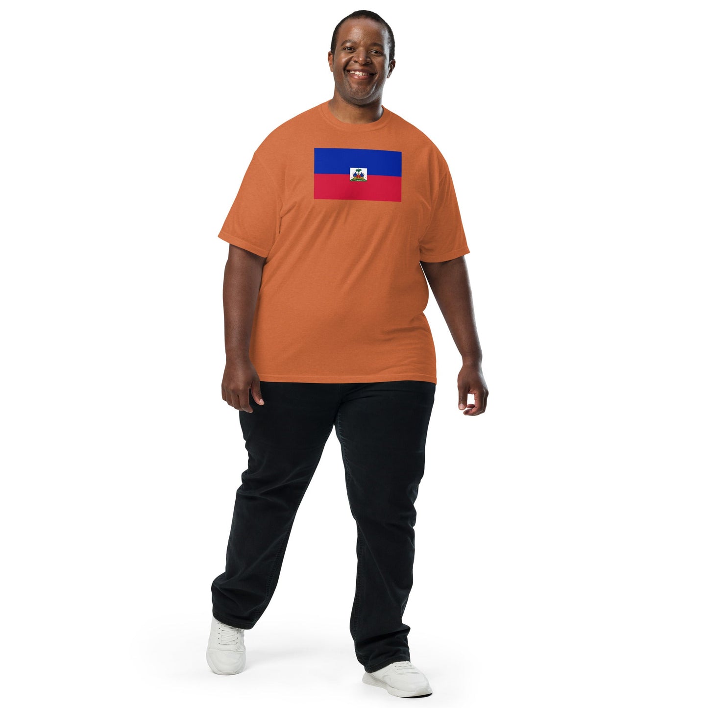 Stylish Haiti flag t-shirt laid flat, large, true navy