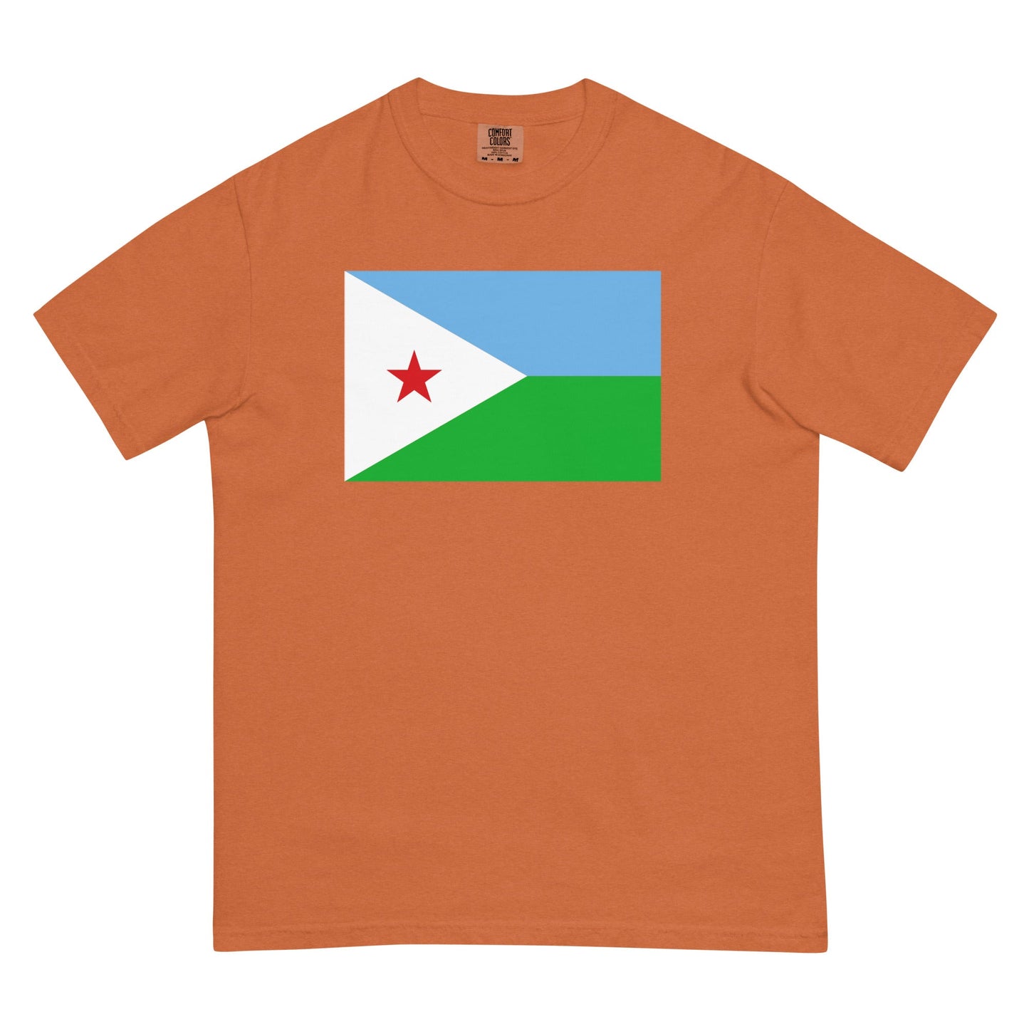Stylish Djibouti flag t-shirt laid flat, 4X large, brick