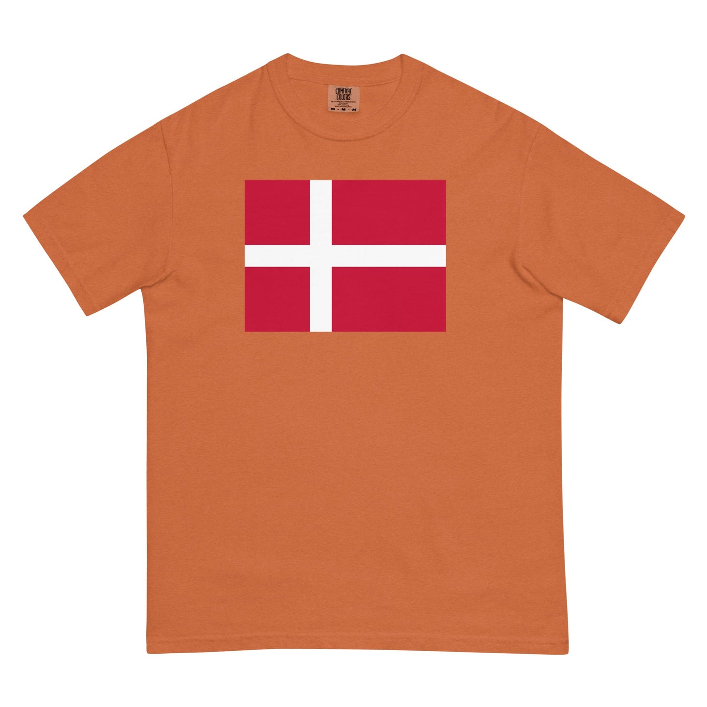 Stylish Denmark flag t-shirt laid flat, small, espresso