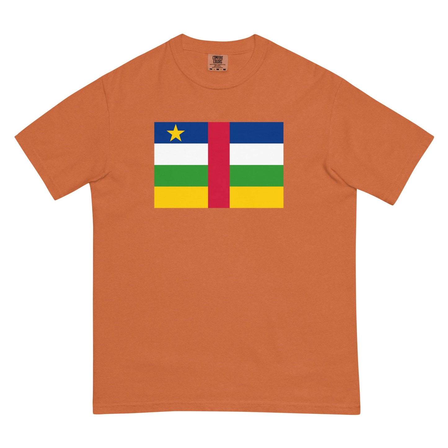 Stylish Central African Republic flag t-shirt laid flat, 2X large, blue spruce