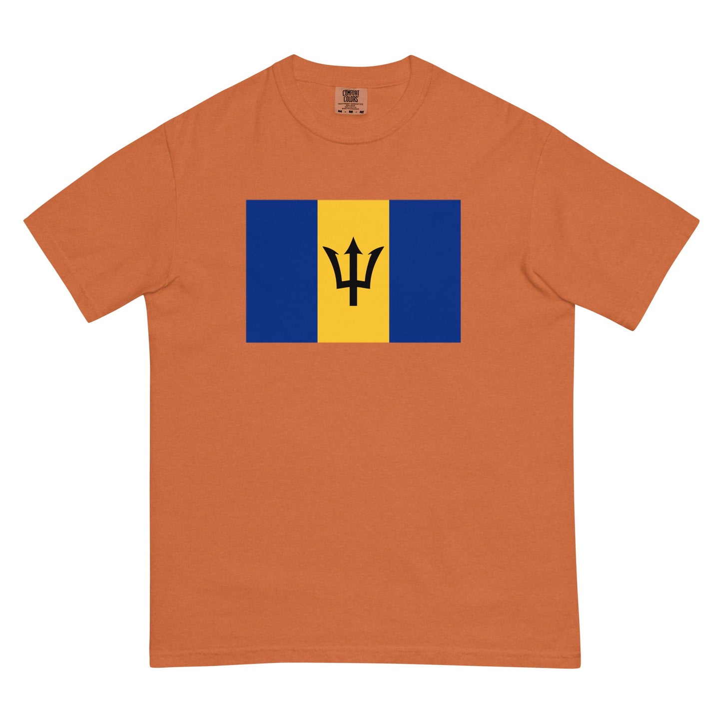 Flat lay of mystic blue Barbados flag tee, medium size