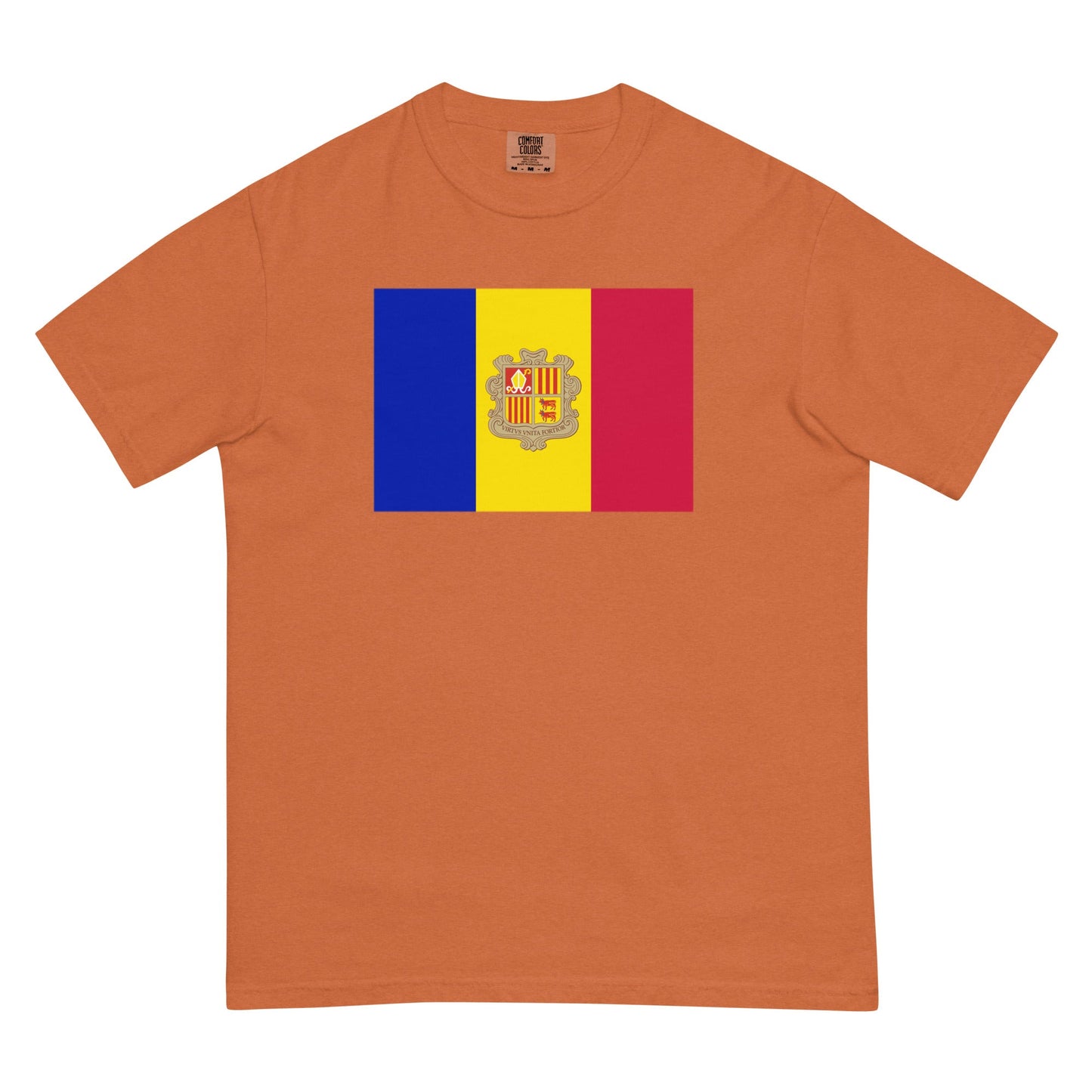 Stylish Andorra flag t-shirt laid flat, 3X large, espresso