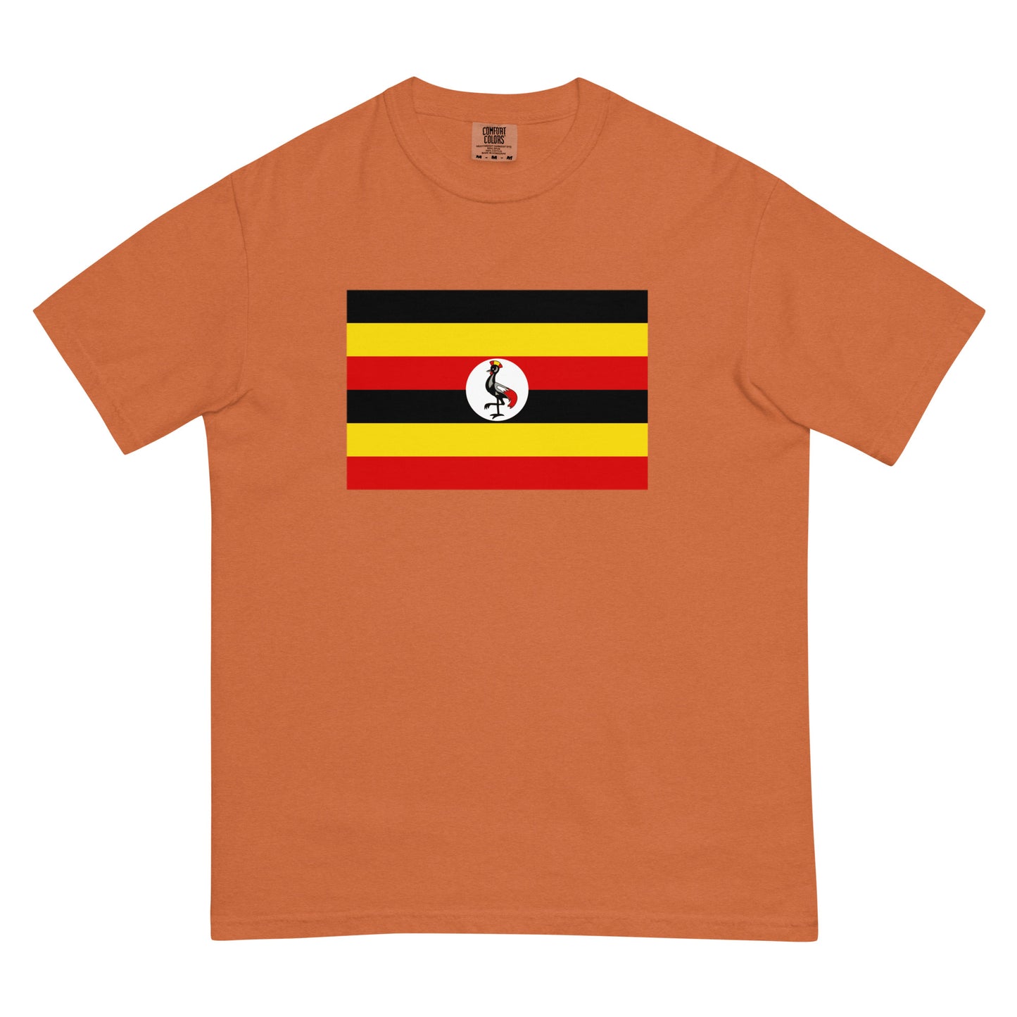 Stylish Uganda flag t-shirt laid flat, small, blue spruce