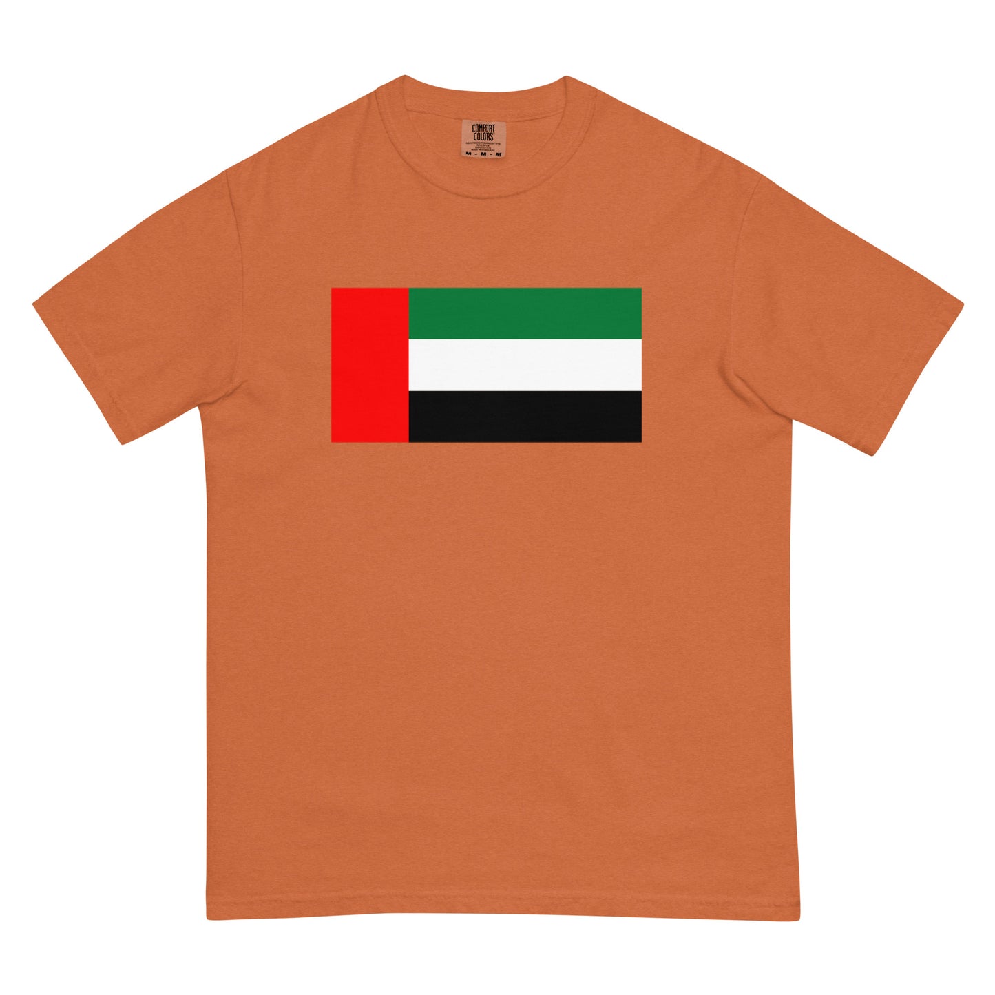 Stylish United Arab Emirates flag t-shirt laid flat, large, flo blue