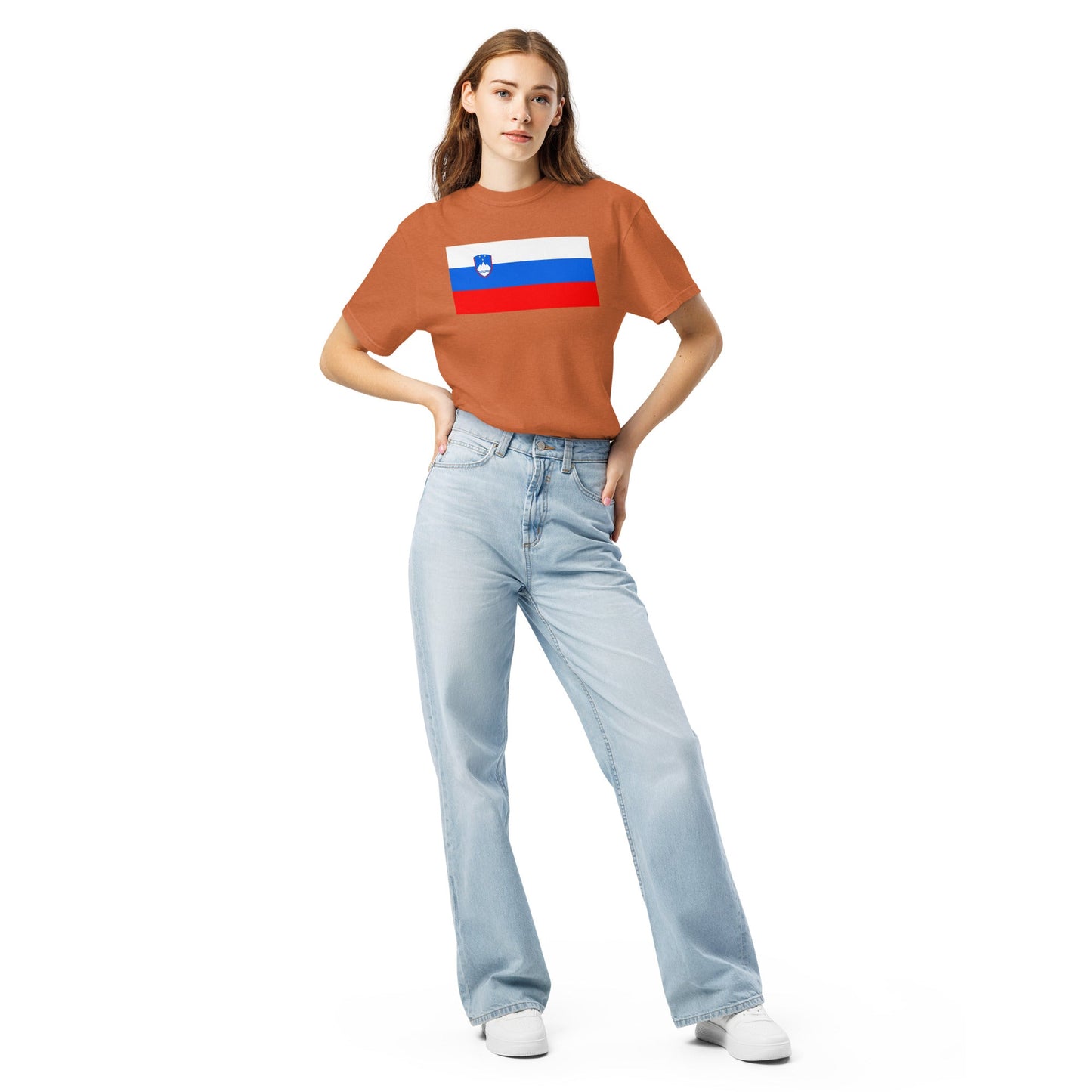 Flat lay of brick Slovenia flag tee, large size