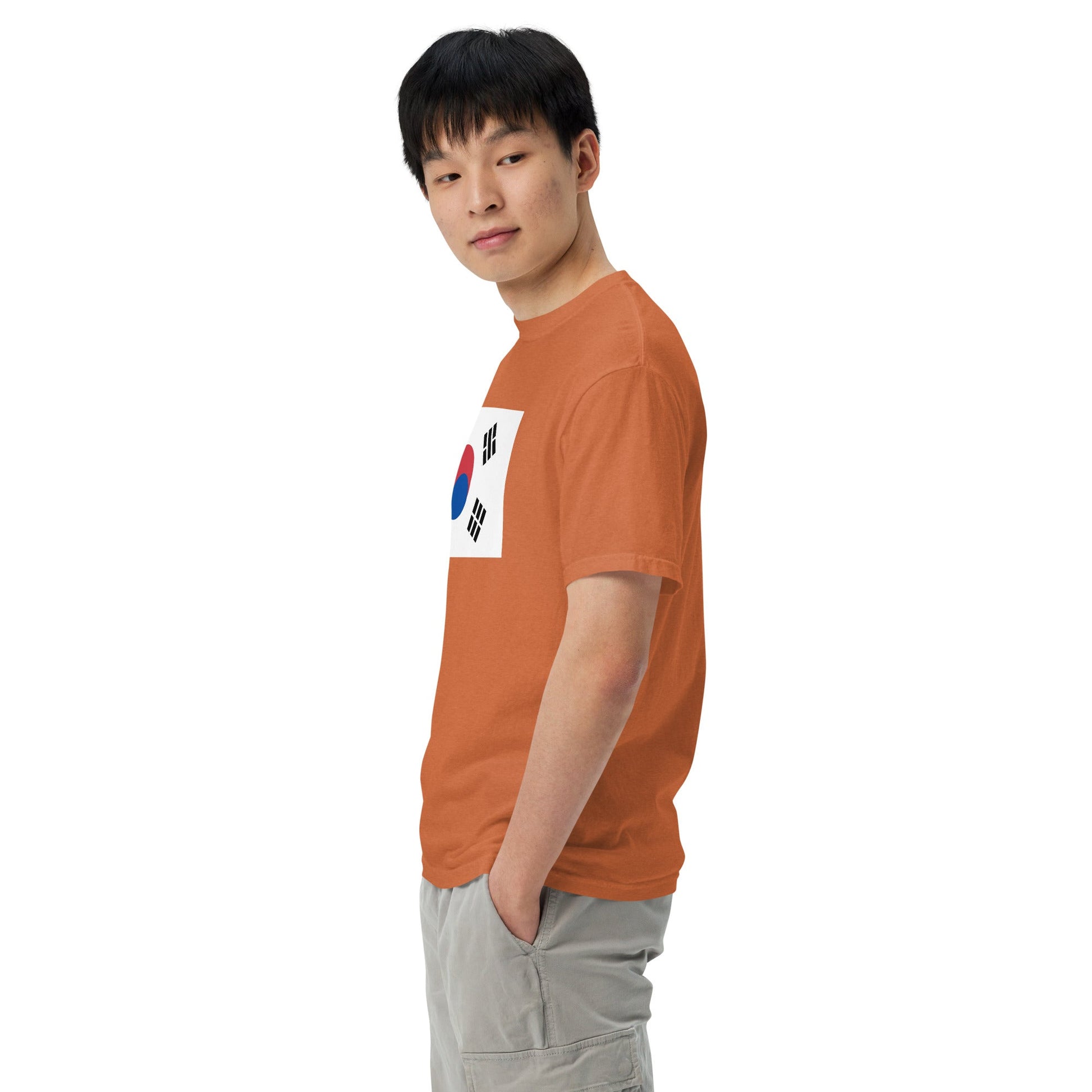 Stylish South Korea flag t-shirt laid flat, 4X large, brick