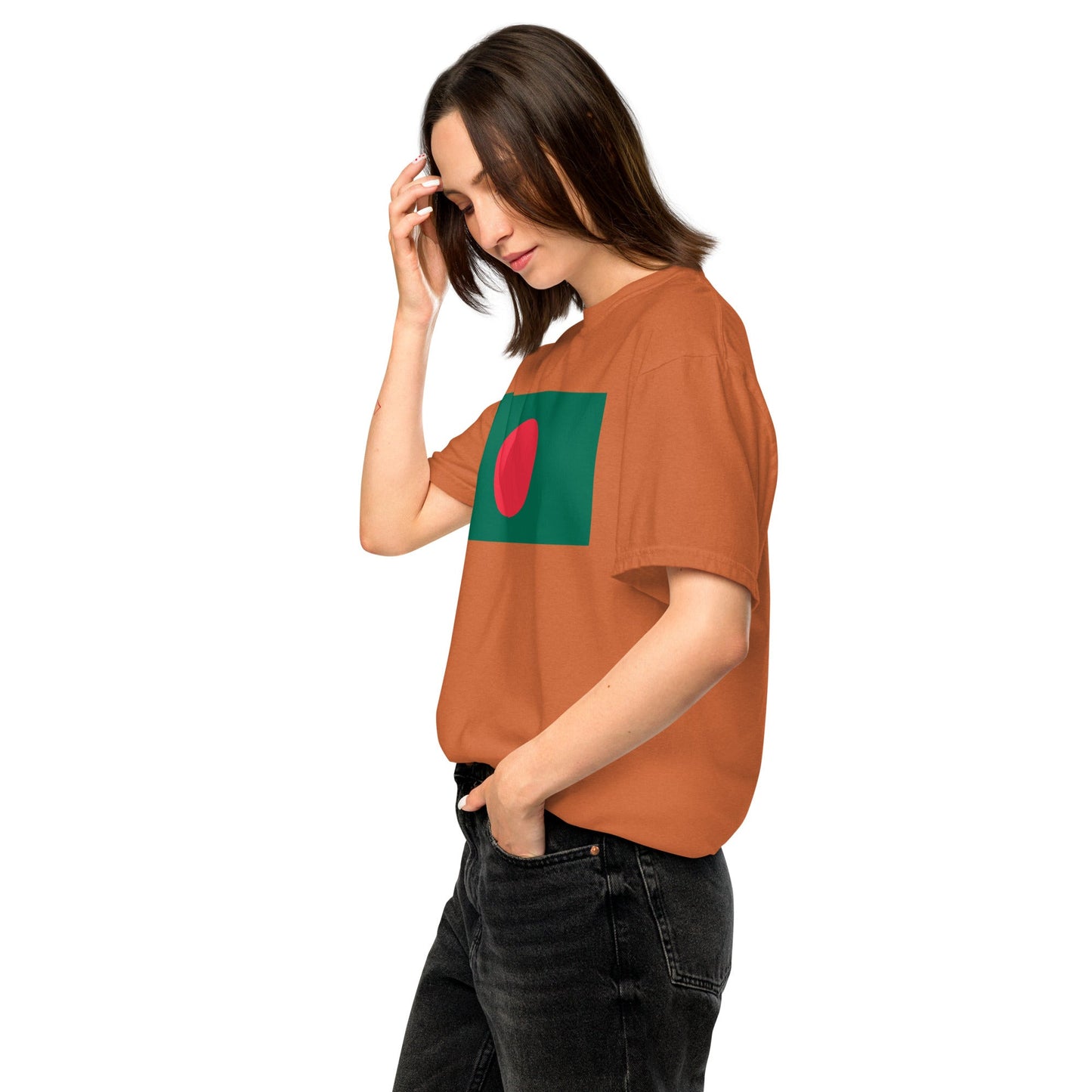 Stylish Bangladesh flag t-shirt laid flat, large, black