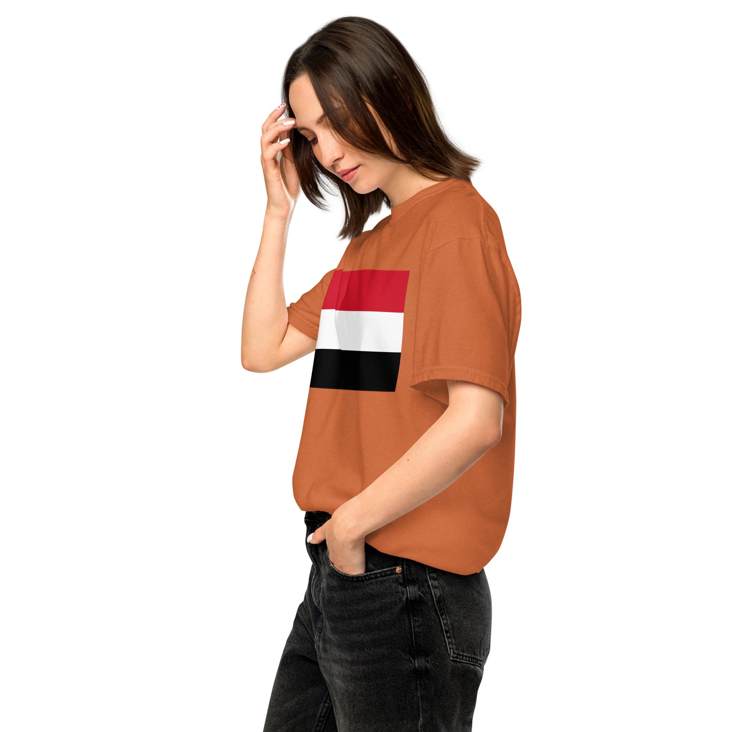 Stylish Yemen flag t-shirt laid flat, 2X large, blue spruce