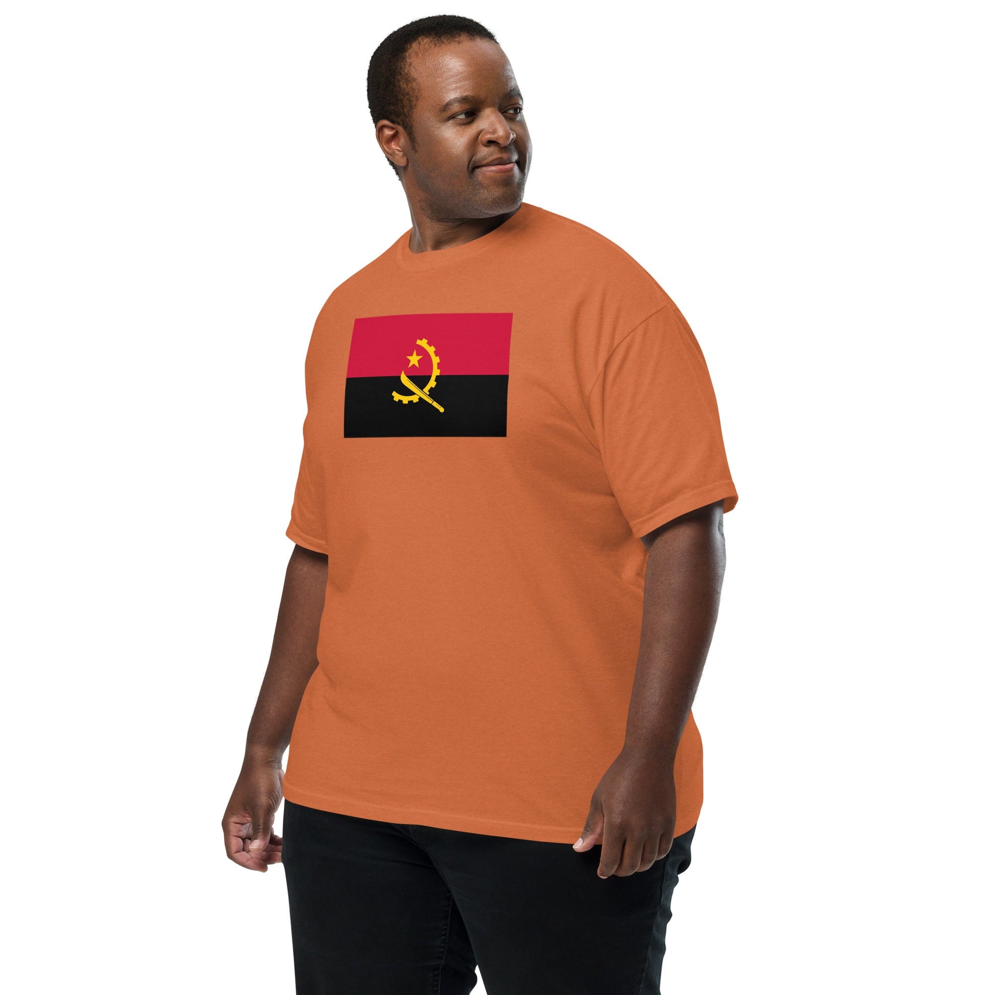 Stylish Angola flag t-shirt laid flat, large, blue spruce