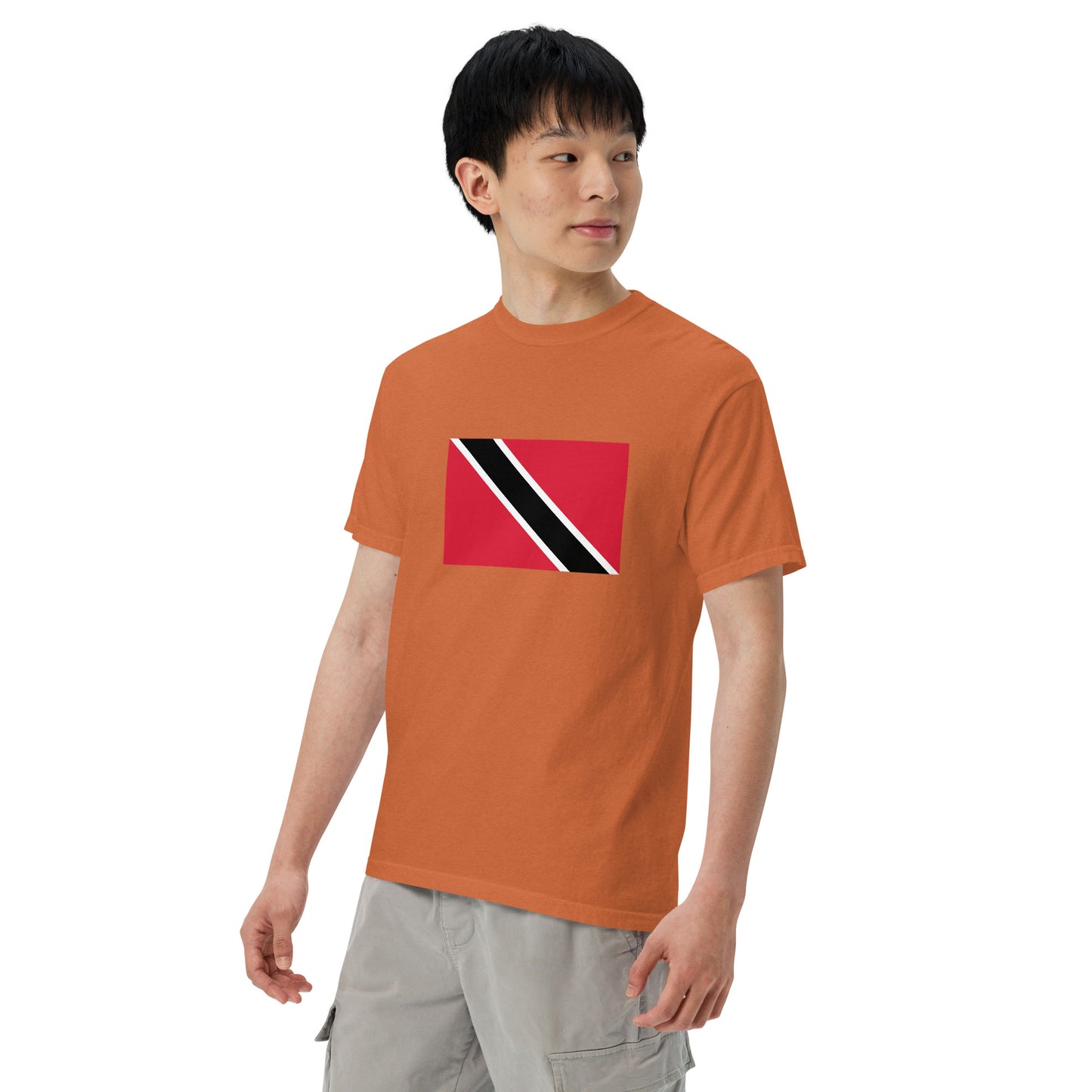 Stylish Trinidad flag t-shirt laid flat, medium, blue spruce
