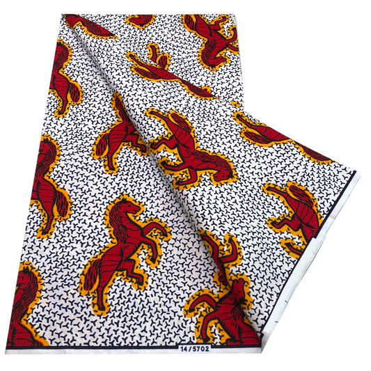 White Ankara wax print fabric with red and gold lion motif