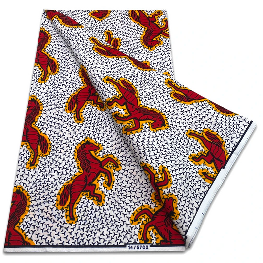 White Ankara Wax Print Fabric – Red & Gold Lion Motif, 6 Yards